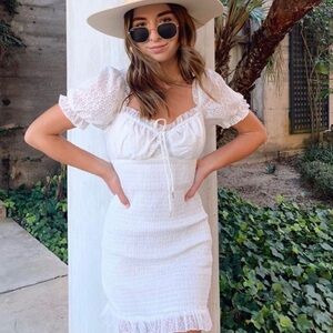 Finders Keepers Eva White Short Sleeve Smocked Mini Dress